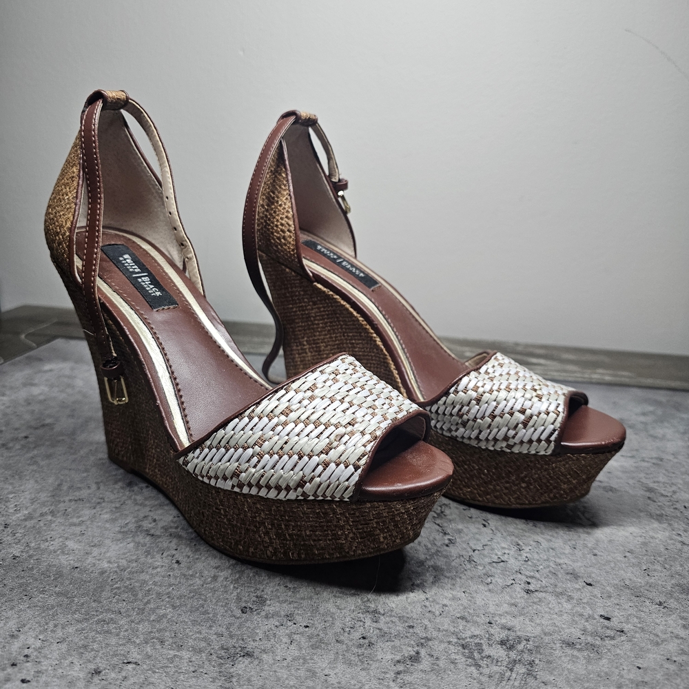 White House Black Market Brown and Cream Wedge Sandals